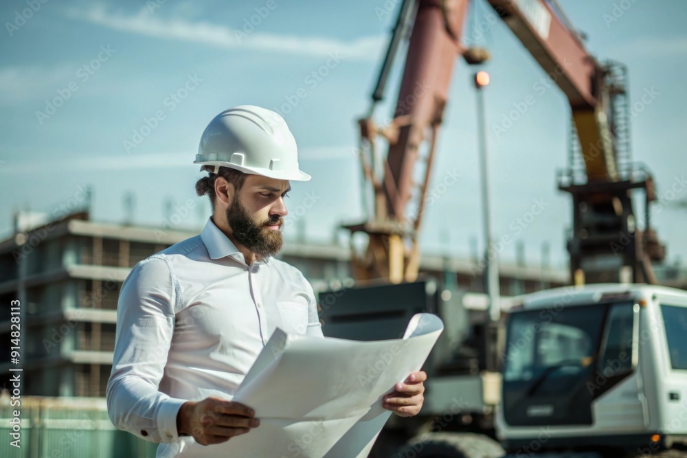 workers at construction site, Man in White Helmet Reviewing Blueprint Next to Construction Machinery workers at construction site, Man in White Helmet Reviewing Blueprint Next to Construction Machinery