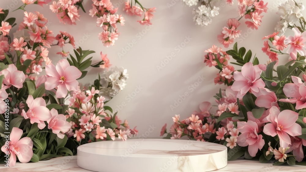 3D rendering image illustration of empty space podium display for product mockup flower background in landscape 3D rendering image illustration of empty space podium display for product mockup flower background in landscape