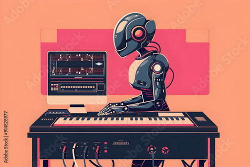 A robot playing a keyboard, the robot is wearing a futuristic headset. photo