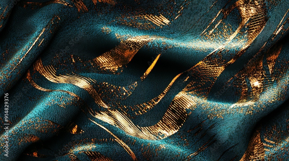 Abstract Close-Up of Teal Fabric with Gold Design Abstract Close-Up of Teal Fabric with Gold Design