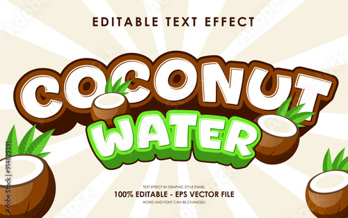 Editable Coconut Water Text Effect with Illustration of Coconut