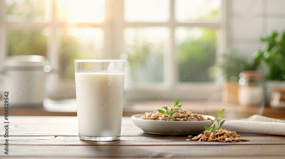 Glass of fresh cow's milk with cereal on a rustic wooden table, cozy kitchen backdrop, sunlight streaming through. Glass of fresh cow's milk with cereal on a rustic wooden table, cozy kitchen backdrop, sunlight streaming through.