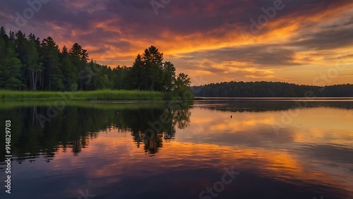 Serene landscape photograph featuring a person fishing at sunset 