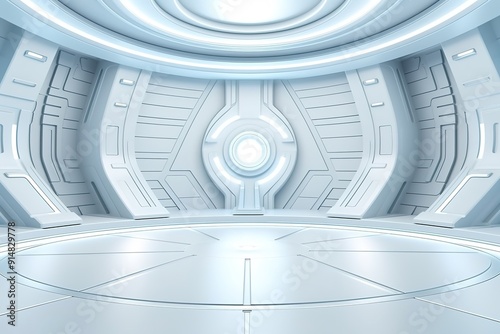 Futuristic white room with circular platform and glowing light.