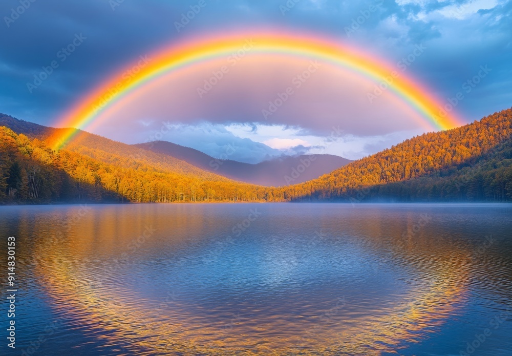 A stunning rainbow over a peaceful lake, reflecting on the calm water and surrounded by forested hills, creating a tranquil atmosphere A stunning rainbow over a peaceful lake, reflecting on the calm water and surrounded by forested hills, creating a tranquil atmosphere