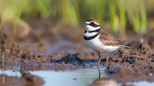 A Three Banded Plover, Charadrius tricollaris, standing in mud. photo