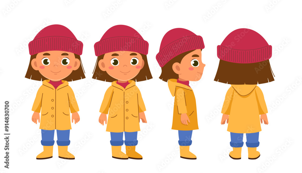 Autumn girl constructor. Schoolgirl in yellow raincoat and red hat. Kit for creating animations. Pack of character in different poses. Flat vector collection Autumn girl constructor. Schoolgirl in yellow raincoat and red hat. Kit for creating animations. Pack of character in different poses. Flat vector collection