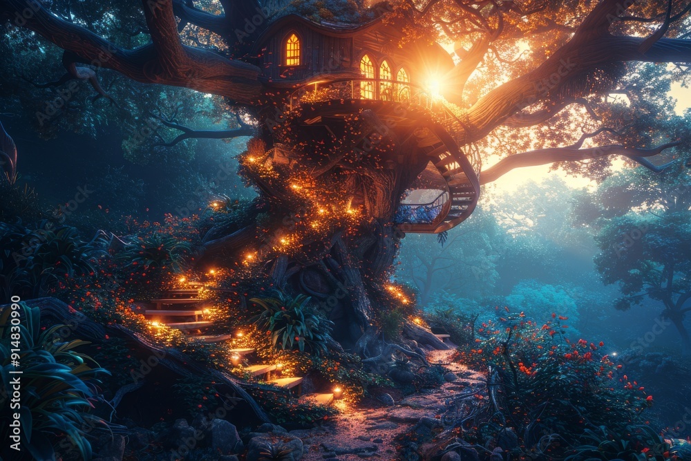 Whimsical tree with glowing roots in a mystical forest creating an enchanting scene for fantasy and exploration Whimsical tree with glowing roots in a mystical forest creating an enchanting scene for fantasy and exploration
