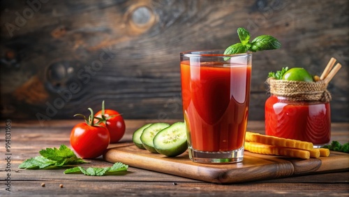 Refreshing glass of cold pressed red juice with cucumber, tomato, honey , cold pressed, red juice, cucumber, tomato, honey