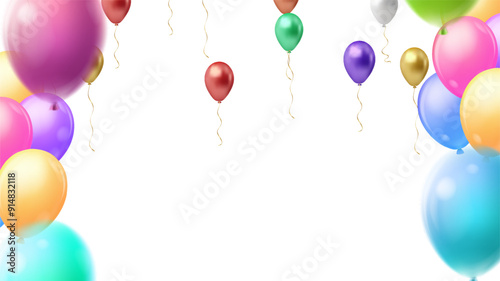 Lettering Happy Birthday on sunny blue background. Flying colorful balloons, multicolored pennants and confetti. Illustration can be used for holiday design, posters