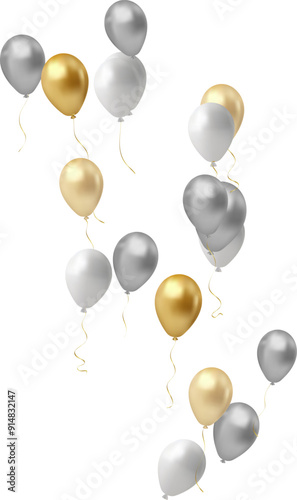 bunch of realistic golden ballons and ribbons, serpentine, gold confetti. Vector illustration for card, party, design, flyer, poster, decor, banner,