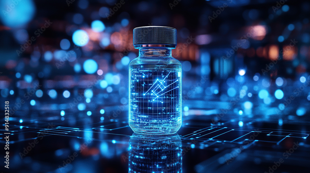 A futuristic digital bottle of health on an abstract background with glowing data points and circuit patterns A futuristic digital bottle of health on an abstract background with glowing data points and circuit patterns