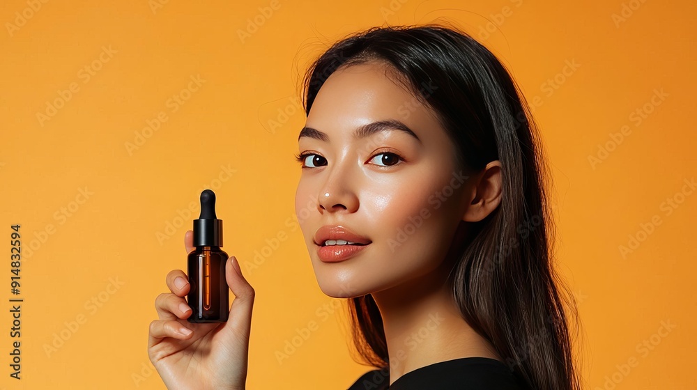 Model holding a serum mockup with style focus on, skincare, vibrant, Manipulation, Minimalist studio backdrop Model holding a serum mockup with style focus on, skincare, vibrant, Manipulation, Minimalist studio backdrop