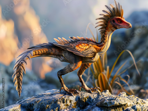 Feathered Dinosaur Illustration on Rock photo