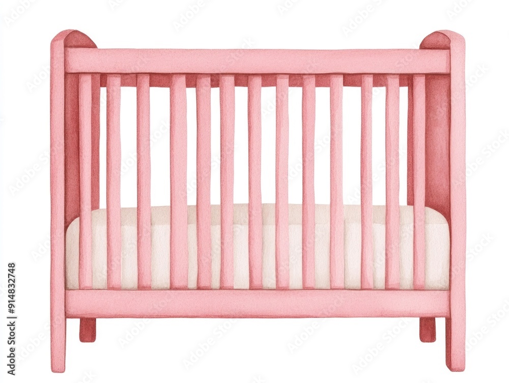 Delightful watercolor depicting a cheerful and whimsical baby shower crib icon The image features a soft pastel colored crib design isolated on a clean white background Delightful watercolor depicting a cheerful and whimsical baby shower crib icon The image features a soft pastel colored crib design isolated on a clean white background
