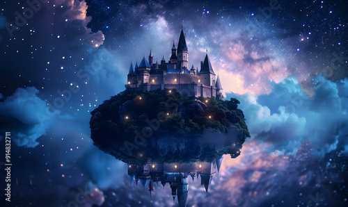 A magical castle sits atop a floating island against a starry night sky.