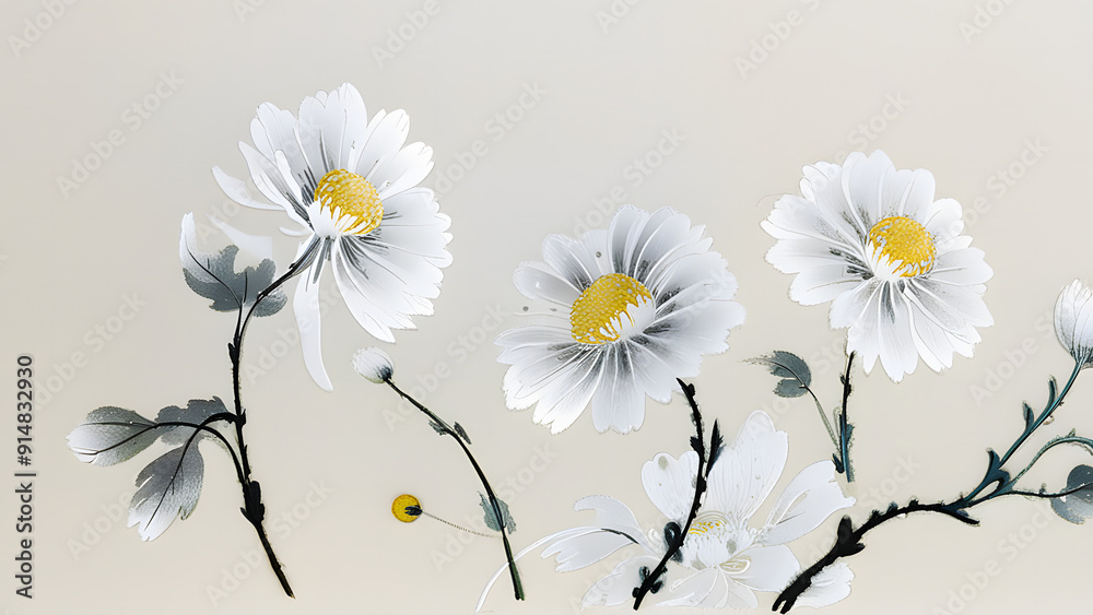 Obraz premium Translucent Flower,Ethereal Ink Wash, Suzhou Embroidery, Textured Matte, Vibrant Light,peaceful,elegent,background,Beautiful Blossom