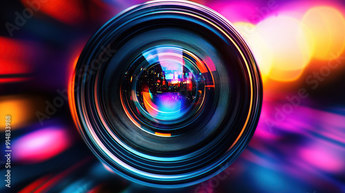 Abstract camera lens with colorful reflections and blur