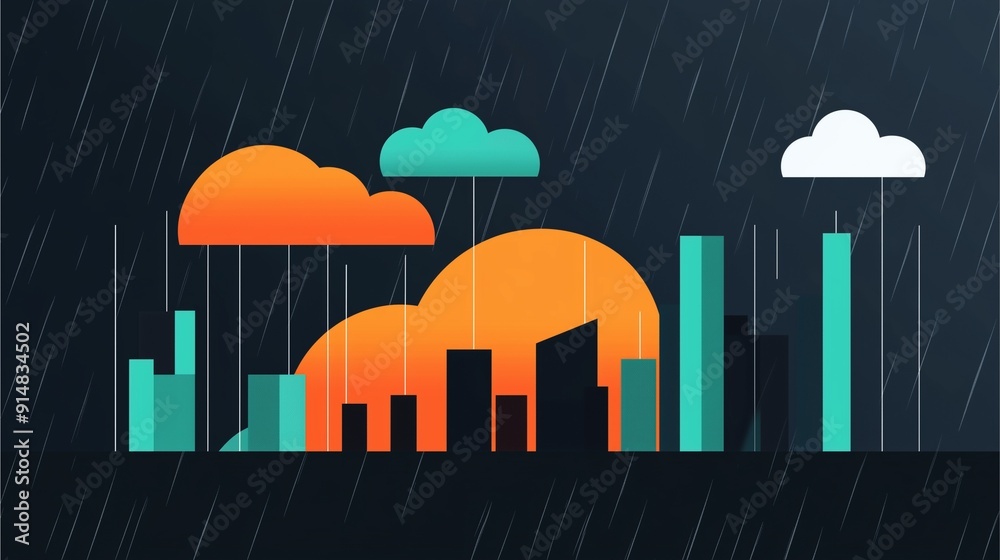 Obraz premium Flat design illustration of city skyline under rain with weather data charts and clouds.