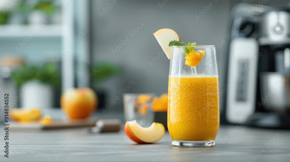 Apple juice smoothie with apple slices garnish, lively kitchen with colorful decor, blender background. Apple juice smoothie with apple slices garnish, lively kitchen with colorful decor, blender background.