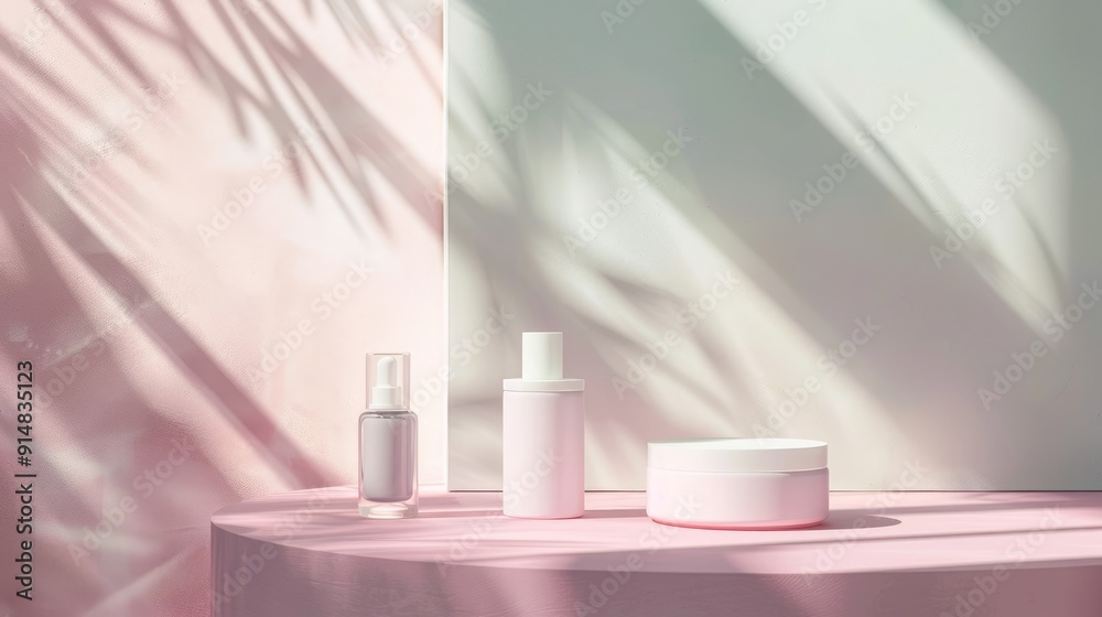 Feminine skincare products on a pastel surface with space for branding, illuminated by harsh direct light.