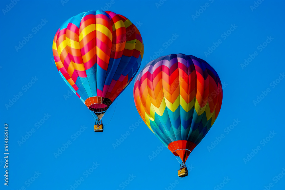 Winning stock photo of two colorful hot air balloons flying in a clear blue sky. Winning stock photo of two colorful hot air balloons flying in a clear blue sky.