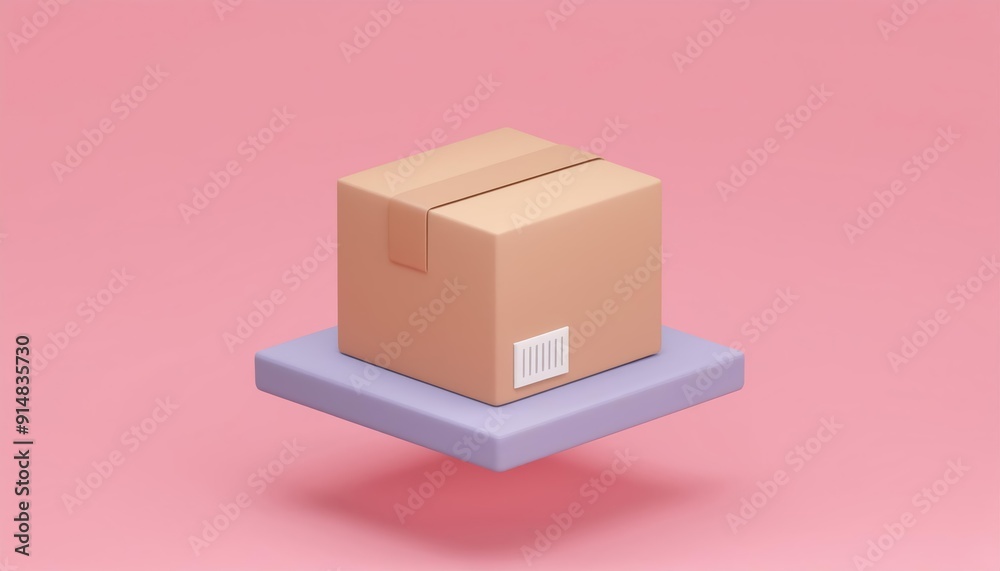 Fototapeta premium A brown cardboard box sits on a purple platform
