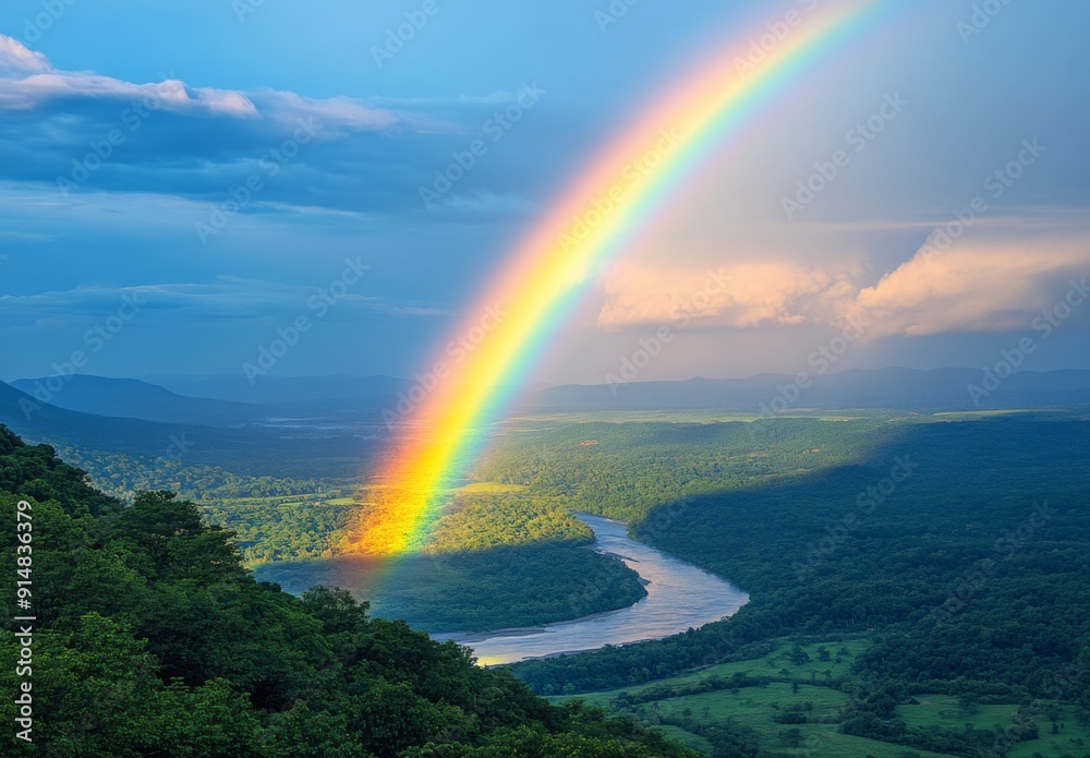 A vibrant rainbow arching over a lush green valley with a river winding through it, creating a picturesque and serene scene A vibrant rainbow arching over a lush green valley with a river winding through it, creating a picturesque and serene scene