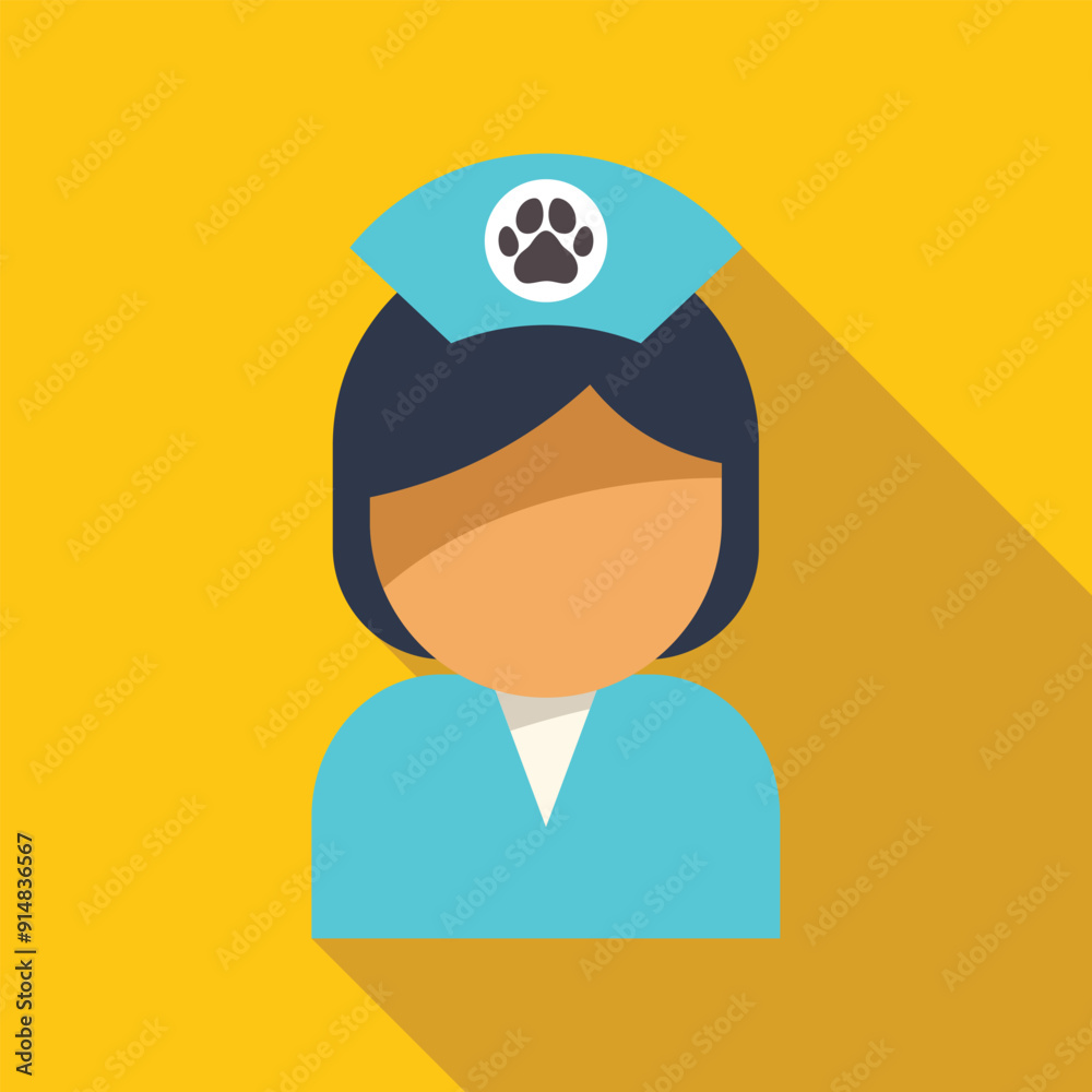 Female vet is wearing a blue uniform and a hat with a paw print Female vet is wearing a blue uniform and a hat with a paw print