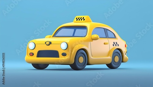 A cartoon yellow taxi sits on a blue background