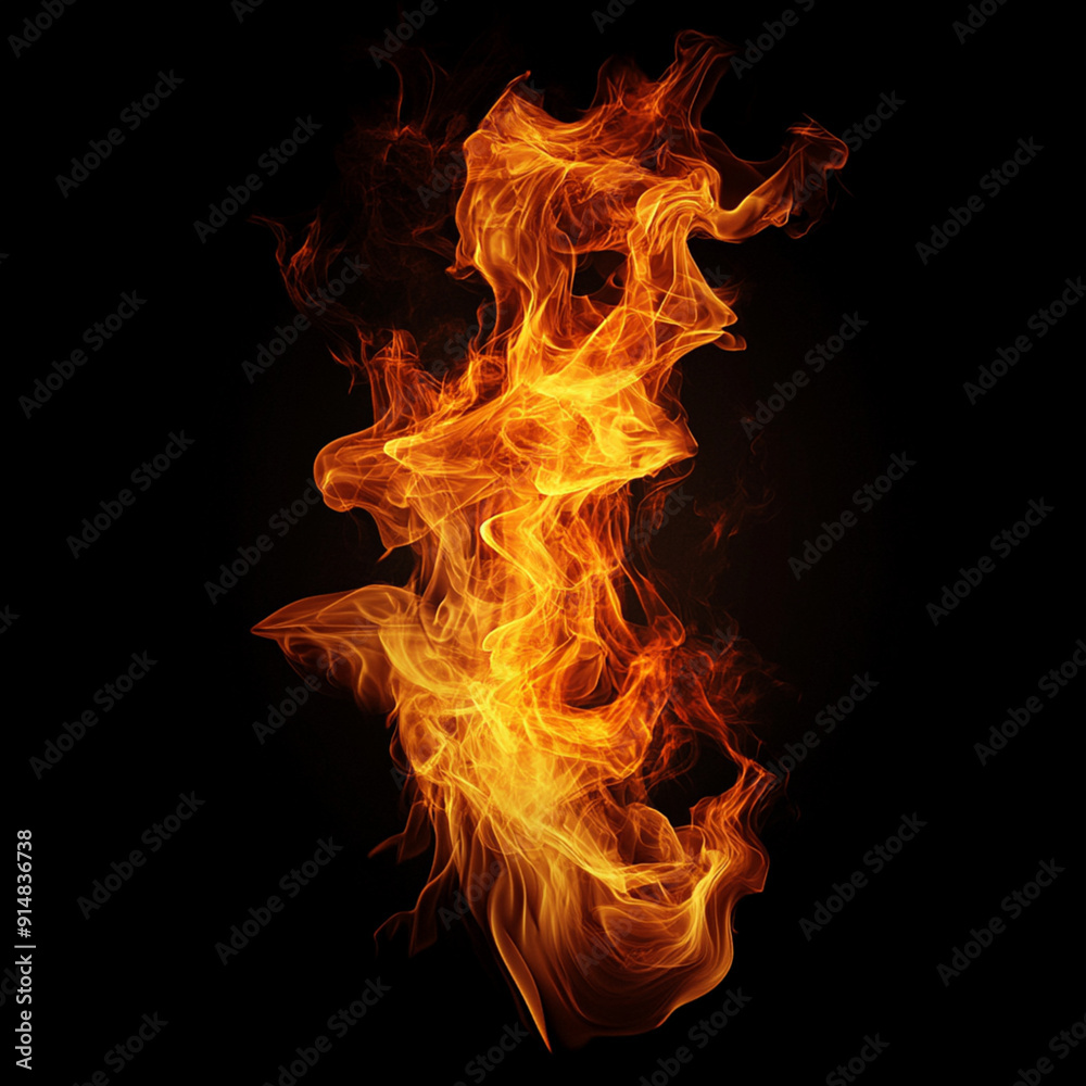 Fire effect on black background, Vivid orange flames, Fire flame burning and fire glowing on black background.