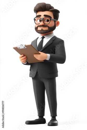 3D character of a businessman holding a clipboard in a full body shot with a white background 