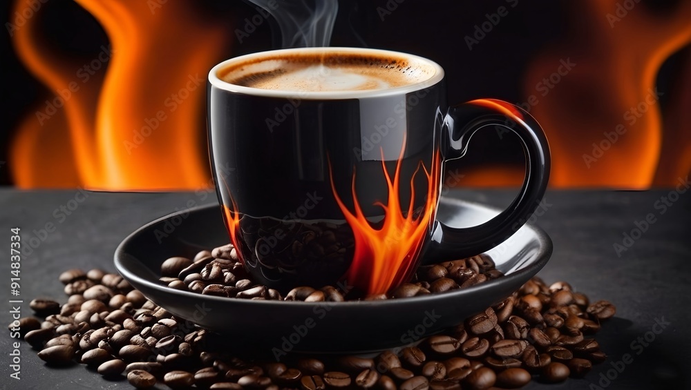 dark ceramic coffee cup abstract splash of coffee that resembles a fiery flame soars above the cup dark surface dark ceramic coffee cup abstract splash of coffee that resembles a fiery flame soars above the cup dark surface