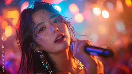 Dynamic close-up portrait of a Korean girl K-pop idol