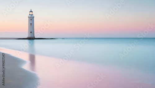lighthouse on the beach stunning minimalist art piece seascape with a lighthouse. composition a light blue ocean that gently transitions into the sandy beach.