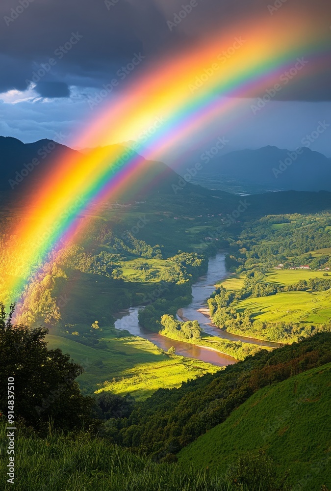 Obraz premium A vibrant rainbow arching over a lush green valley with a river winding through it, creating a picturesque and serene scene