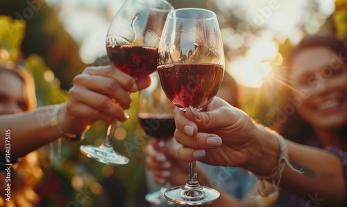 Friends toasting red wine glass and having fun cheering at winetasting experience. Young people enjoying harvest time together outside at farm house vineyard, Generative AI 