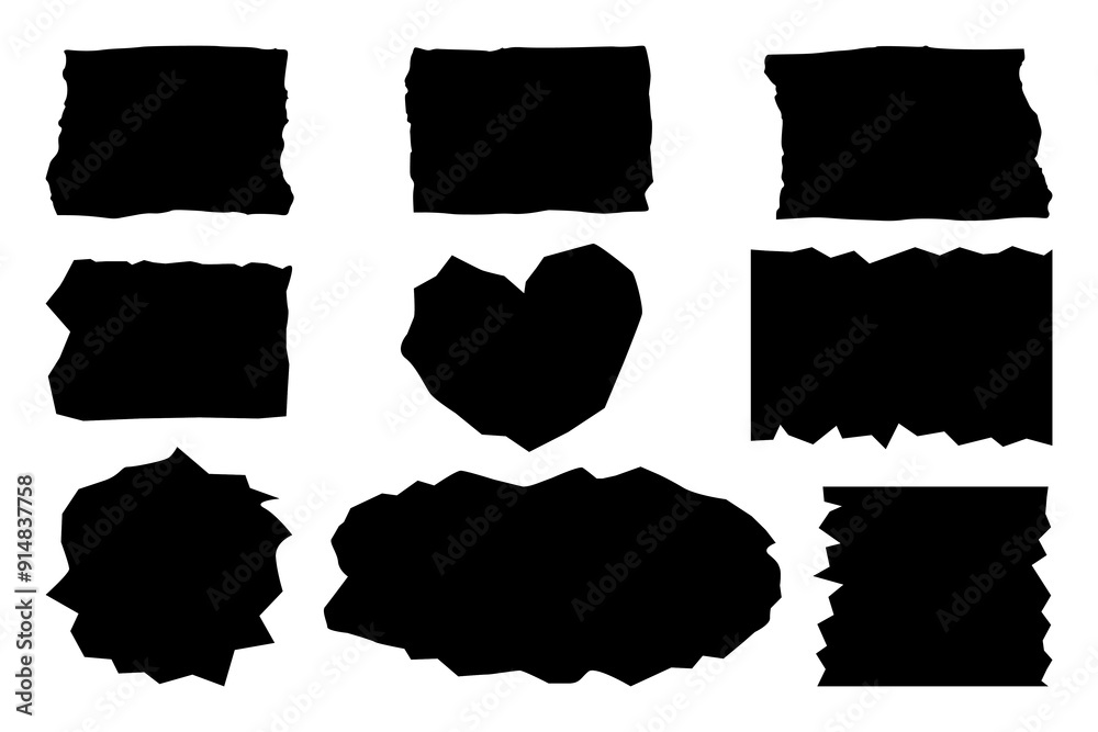 Set of Torn Paper Frames. Vector Collage Shape of Black Ripped Papers Silhouettes isolated on white background. Set of Torn Paper Frames. Vector Collage Shape of Black Ripped Papers Silhouettes isolated on white background.