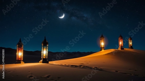 Surreal, night-time landscape image featuring a desert scene illuminated by multiple ornate lanterns 