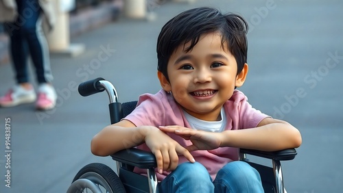 Niño con capacidades diferentes en silla de ruedas, como secuela de un problema neurológico. Su capacidad adaptativa hace que sea feliz y con buena calidad de vida. 