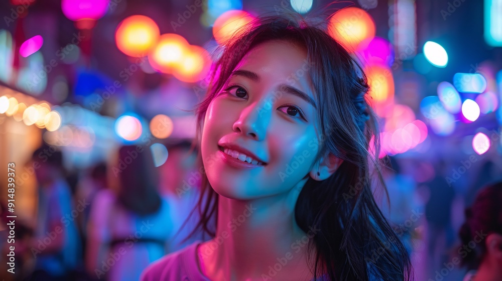 Half-body portrait of a K-pop idol fan with vibrant lights Half-body portrait of a K-pop idol fan with vibrant lights