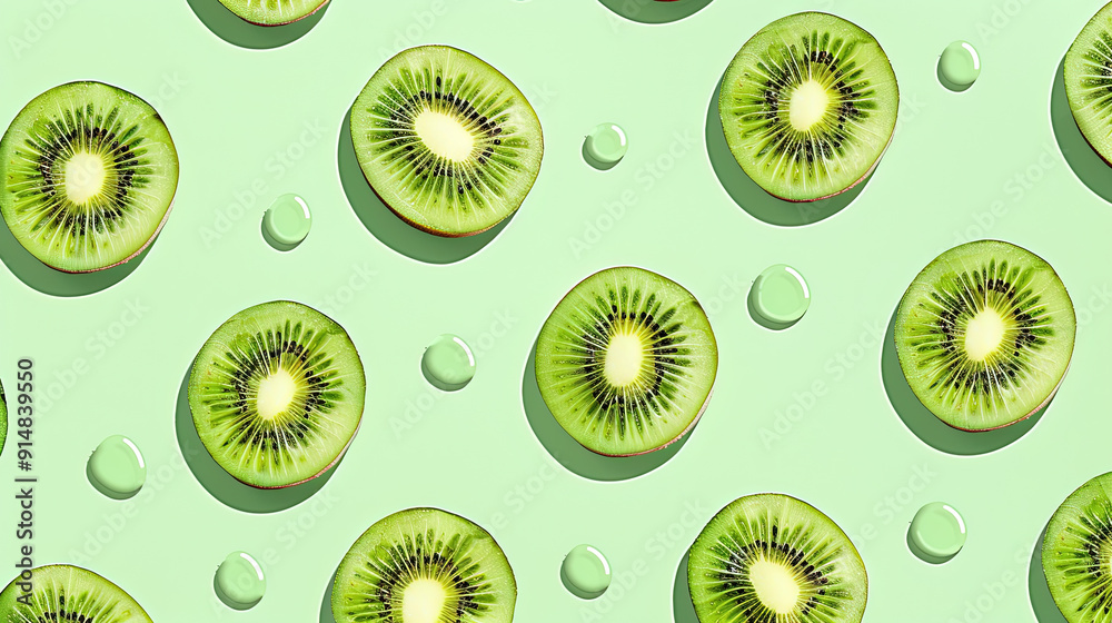 Fototapeta premium Seamless pattern with kiwi on pastel green background