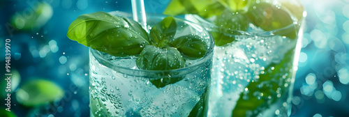 Refreshing Basil Drink with Ice and Water Droplets - Photo