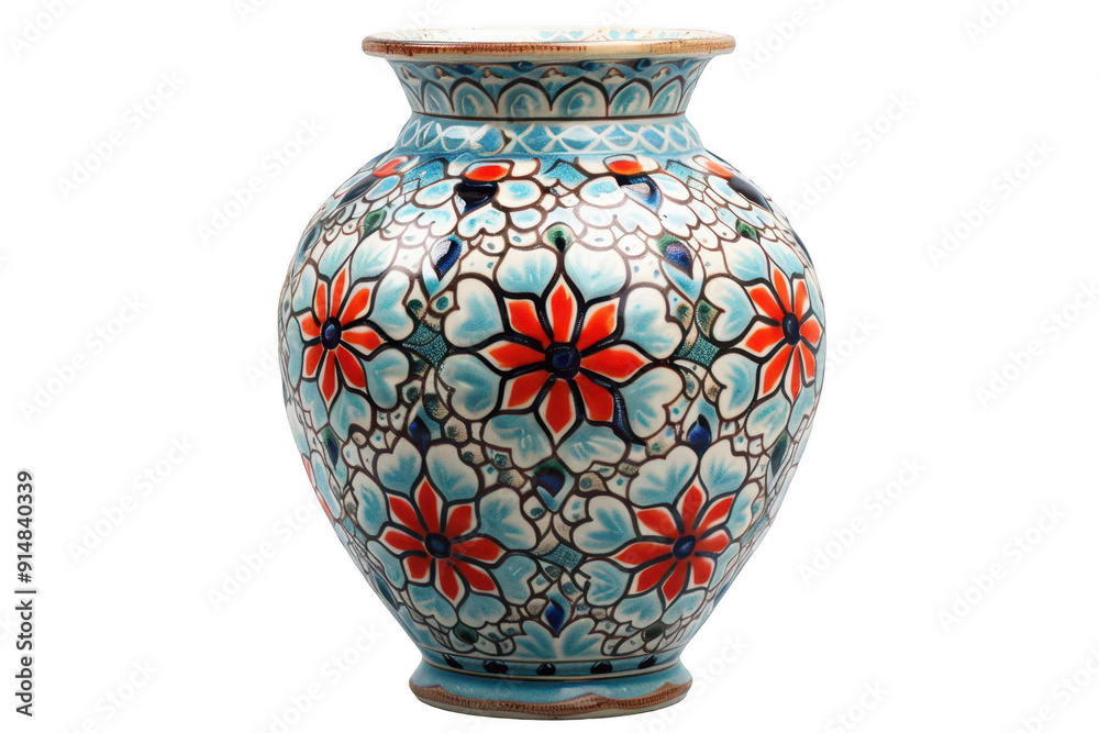 A blue and red vase with flowers on it A blue and red vase with flowers on it
