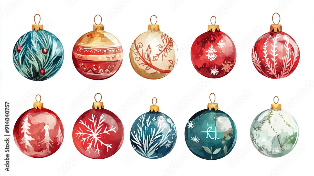 Hand-painted Christmas ornaments with personalized names.Vector illustrations