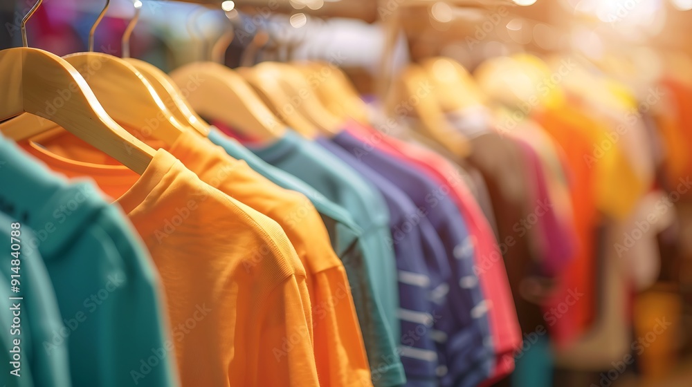 Colorful T-Shirts Hanging on a Rack in a Store Colorful T-Shirts Hanging on a Rack in a Store