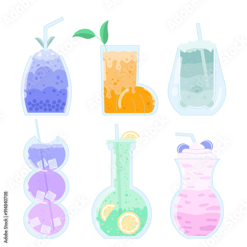 Set of cocktails. Glasses with alcoholic beverages. Tasty cold drink with ice. Tropical and exotic juices. Aperetif and tonic. Flat vector colection