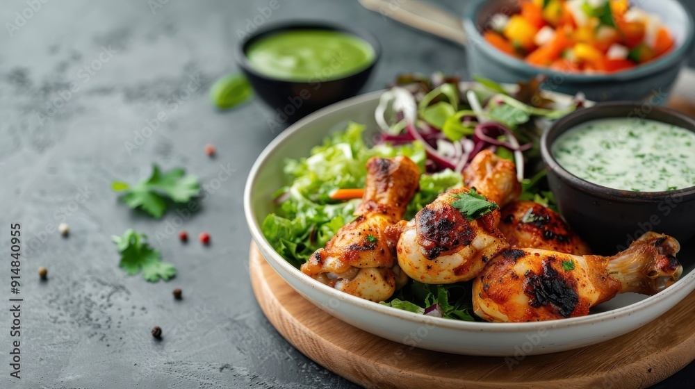 Street food scene with chicken drumsticks, each served with a different sauce for a vibrant taste journey.