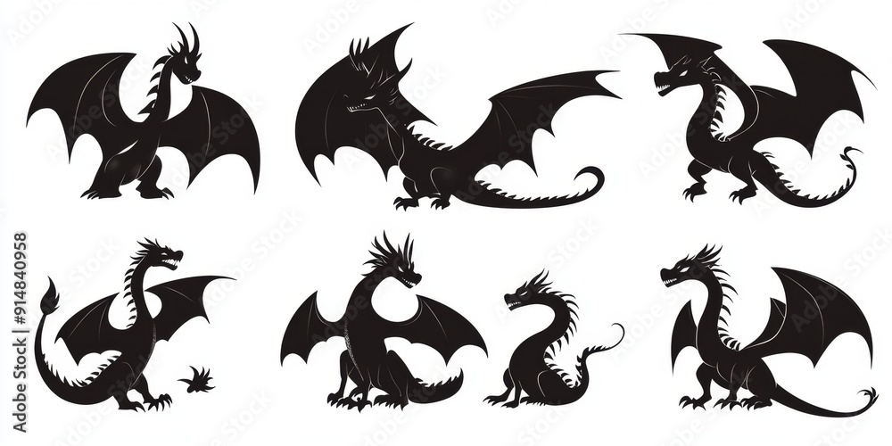 Naklejka premium legant Dragon Silhouettes: Dynamic Vector Illustrations for Chinese Zodiac and Lunar New Year Celebrations. Versatile Graphic Elements Perfect for Marketing, Advertising, 2024，new year