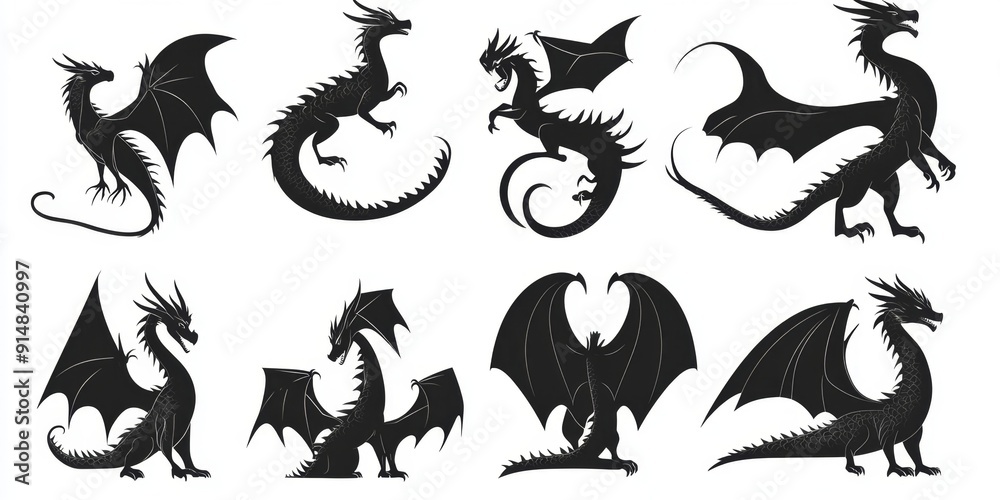 Fototapeta premium legant Dragon Silhouettes: Dynamic Vector Illustrations for Chinese Zodiac and Lunar New Year Celebrations. Versatile Graphic Elements Perfect for Marketing, Advertising, 2024，new year
